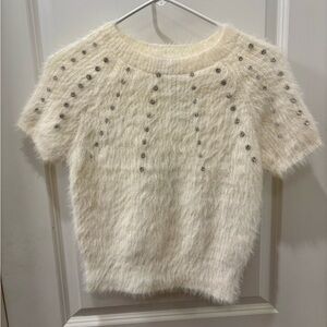 NWT Muse Ivory Eyelash Sweater with faux diamond stud embellishments - S